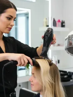 Hairstylist performing a blowout in a modern salon setting