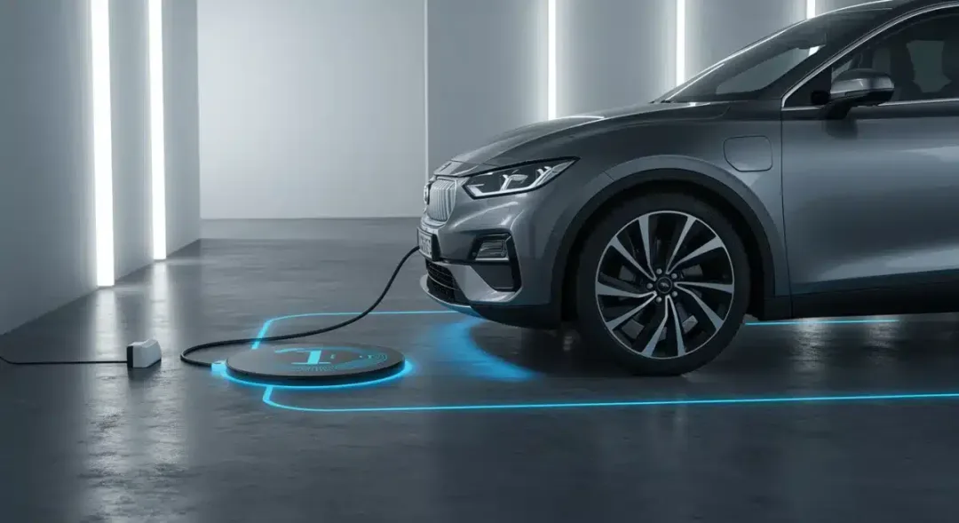 Wireless EV charging pad installed under car in garage