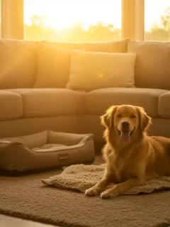Cozy pet-friendly living room with dog bed and golden retriever