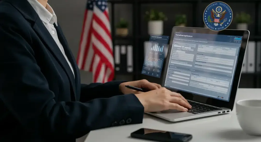 Small business owner applying for federal grants on laptop in office
