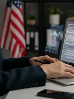 Small business owner applying for federal grants on laptop in office