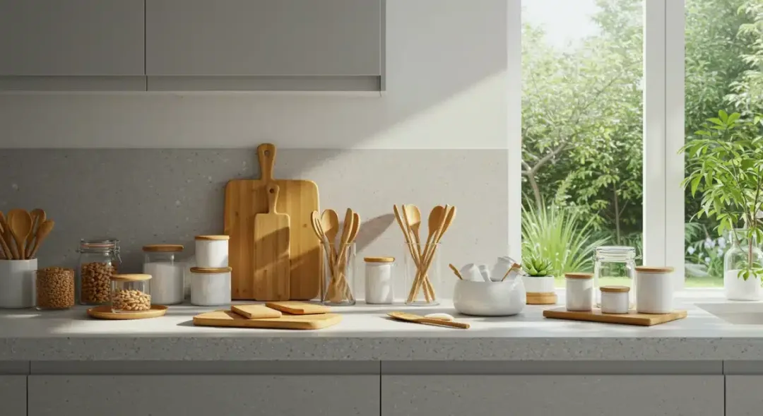 Modern eco-friendly kitchen with sustainable bamboo products and glass containers
