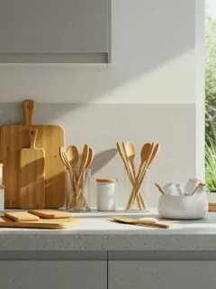 Modern eco-friendly kitchen with sustainable bamboo products and glass containers