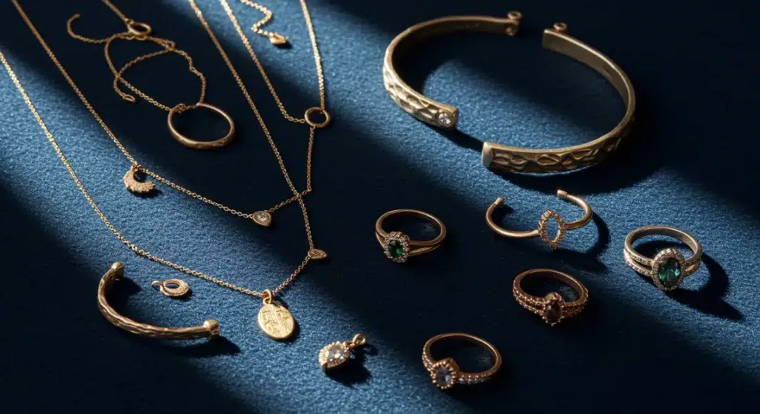 Mixed metal jewelry collection displaying gold, silver, and rose gold pieces on elegant velvet display