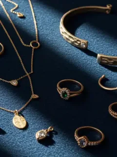 Mixed metal jewelry collection displaying gold, silver, and rose gold pieces on elegant velvet display