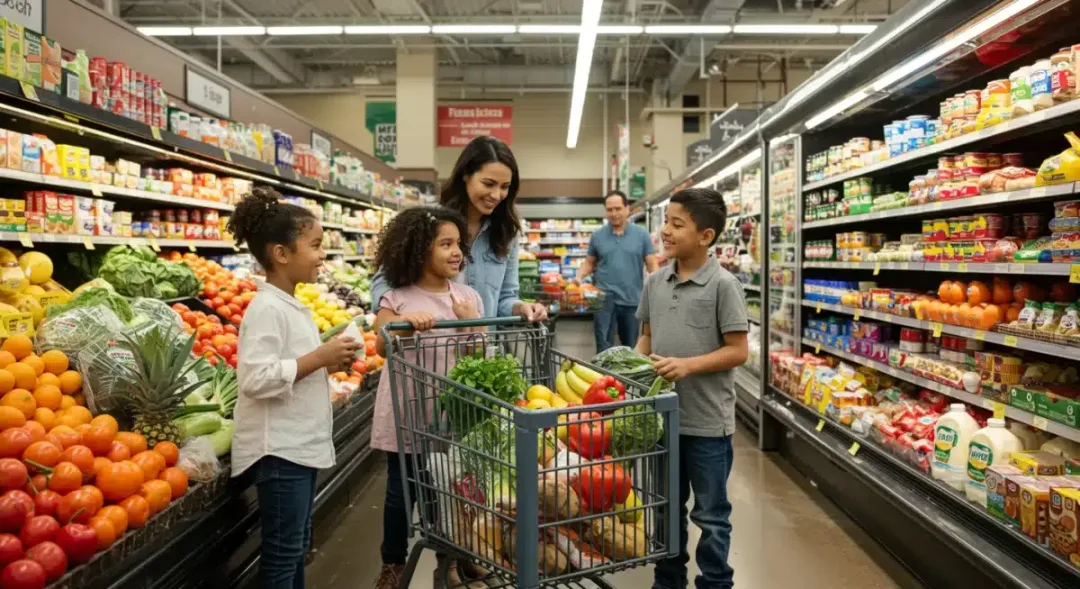 Family shopping with SNAP benefits at grocery store