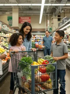 Family shopping with SNAP benefits at grocery store