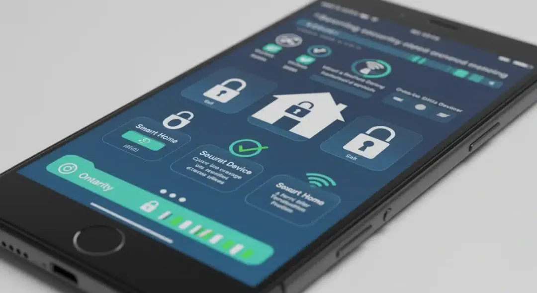 Smart home security dashboard displaying protected IoT devices with security indicators