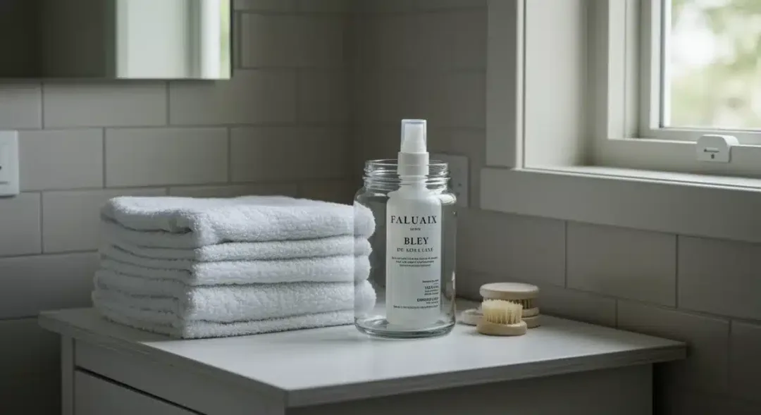 Clean girl aesthetic bathroom vanity with minimalist products