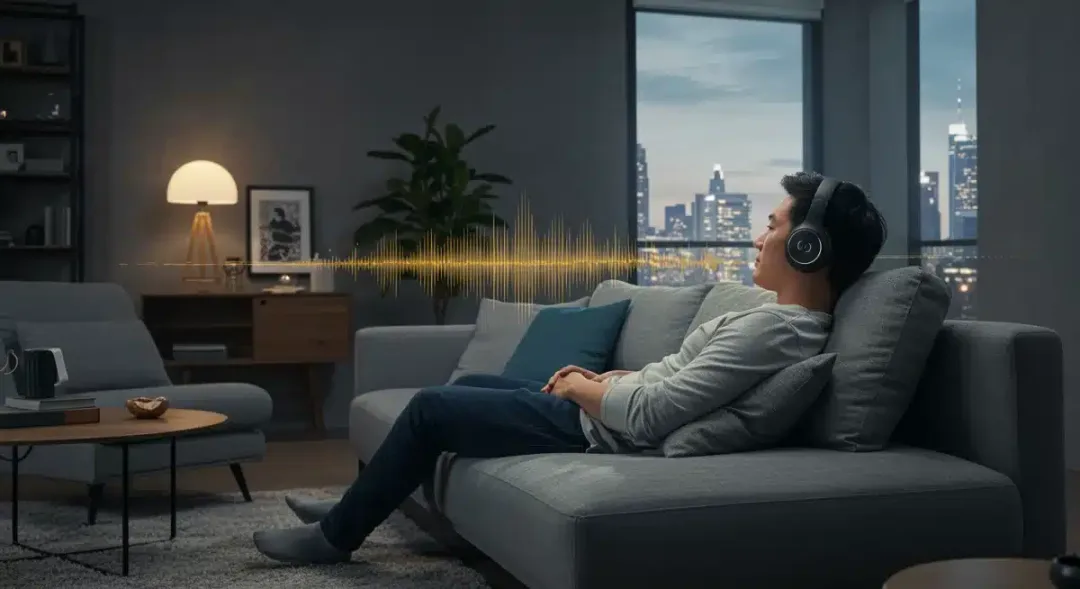 Person wearing spatial audio headphones enjoying immersive home cinema experience