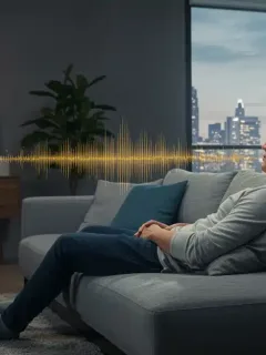 Person wearing spatial audio headphones enjoying immersive home cinema experience