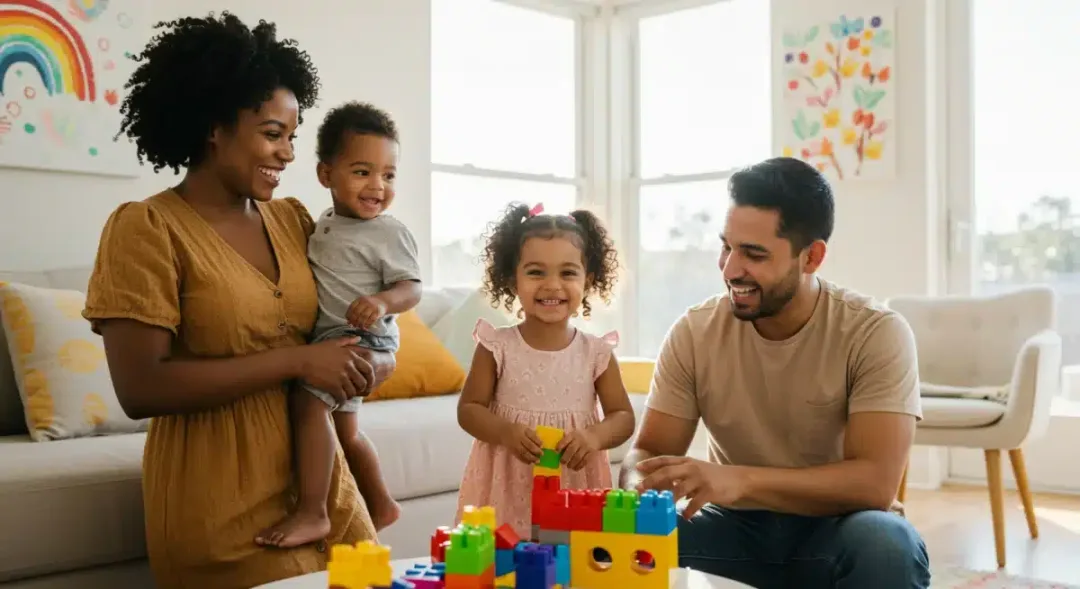 Happy family with children at home representing childcare assistance program benefits
