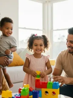 Happy family with children at home representing childcare assistance program benefits