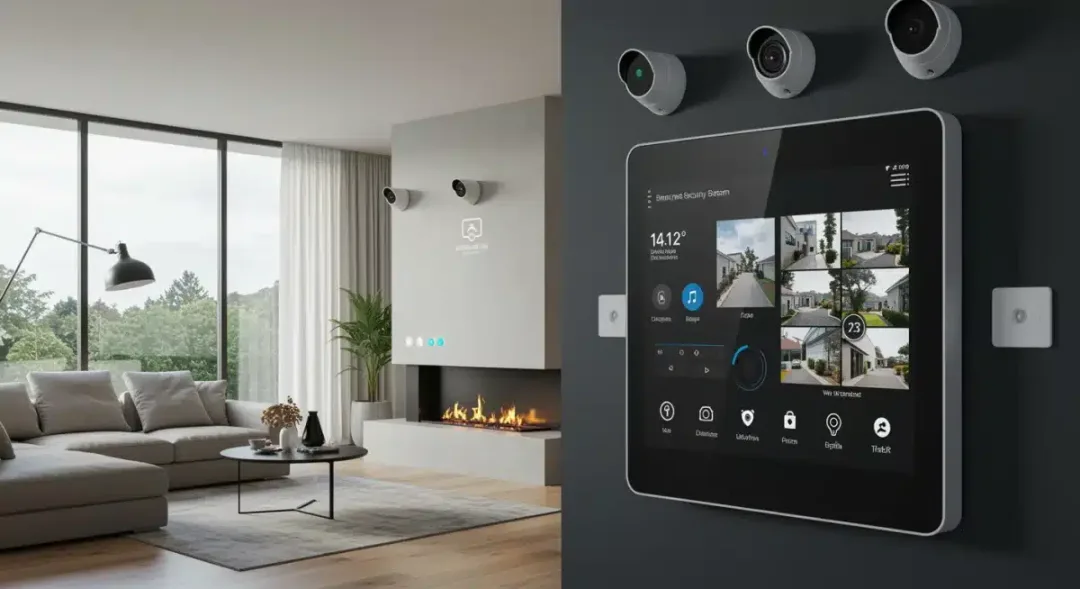 Smart home security system with control panel and cameras in modern living room