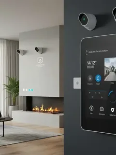 Smart home security system with control panel and cameras in modern living room