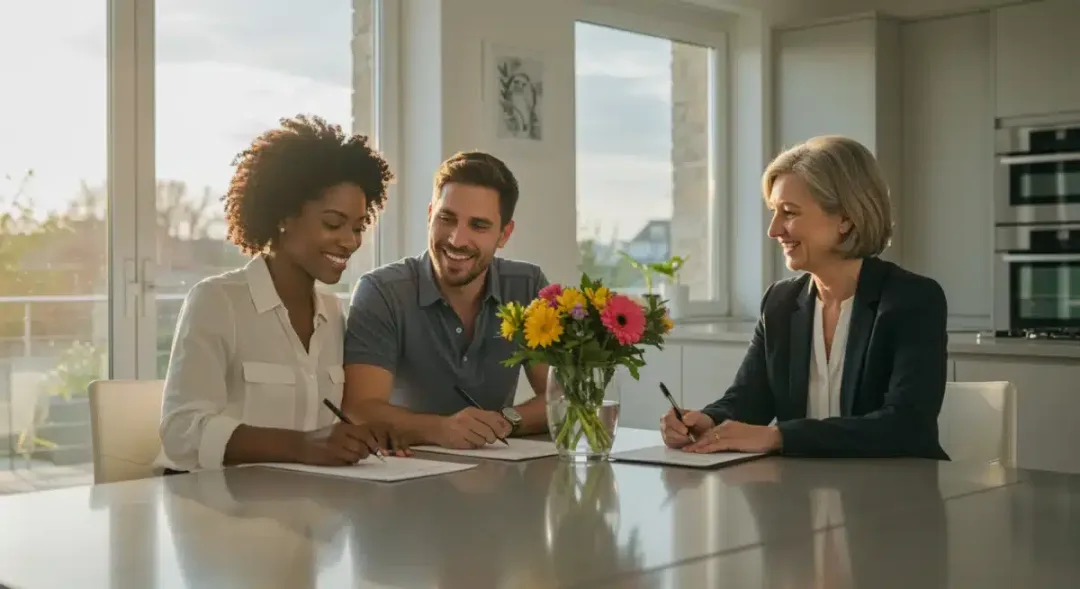 First-time homebuyers signing documents with real estate agent in modern kitchen