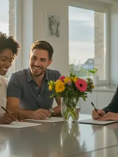 First-time homebuyers signing documents with real estate agent in modern kitchen