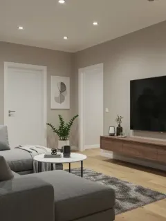 Modern living room with essential home items including smart devices, comfortable furniture, and decorative elements