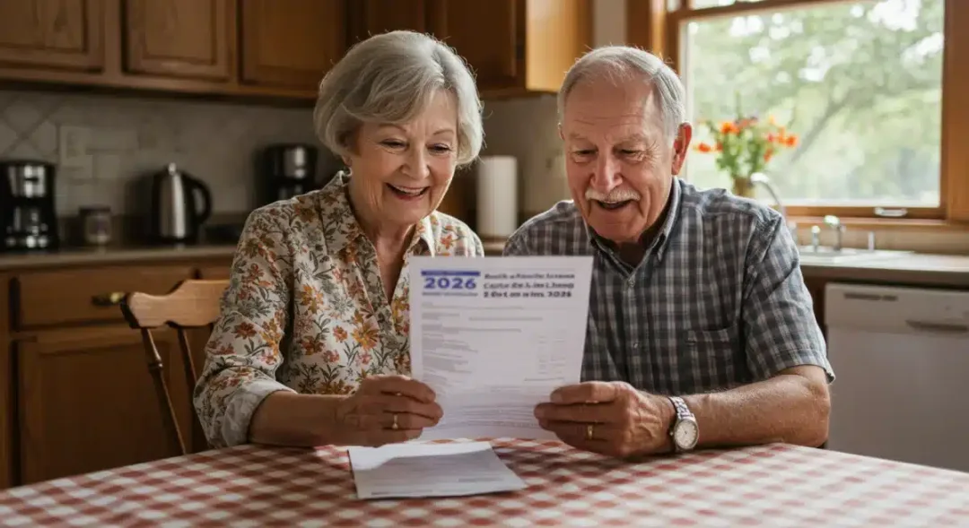 Senior couple checking Social Security benefits letter for 2026 COLA increase
