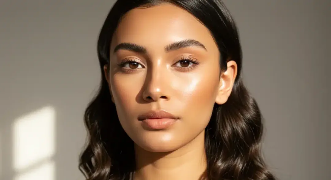 Natural no-makeup makeup look on woman with glowing skin