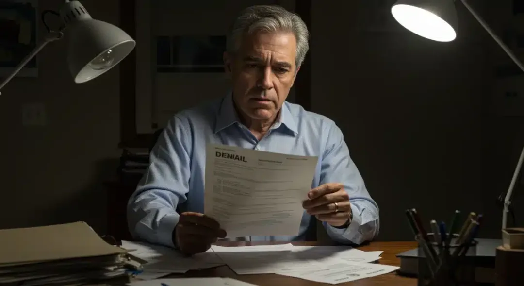 Person reviewing Social Security disability denial letter with documents and forms