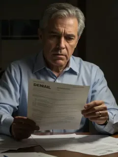 Person reviewing Social Security disability denial letter with documents and forms