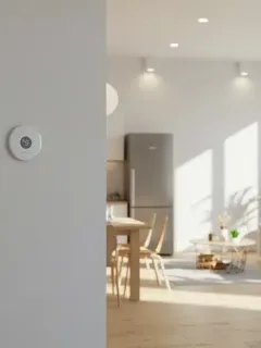 Energy-efficient smart home interior with modern thermostat and LED lighting