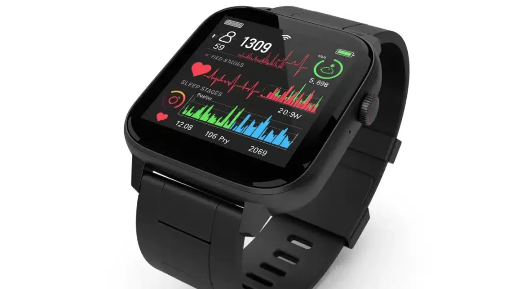 Smartwatch displaying comprehensive health tracking metrics including blood pressure, sleep analysis, and heart rhythm