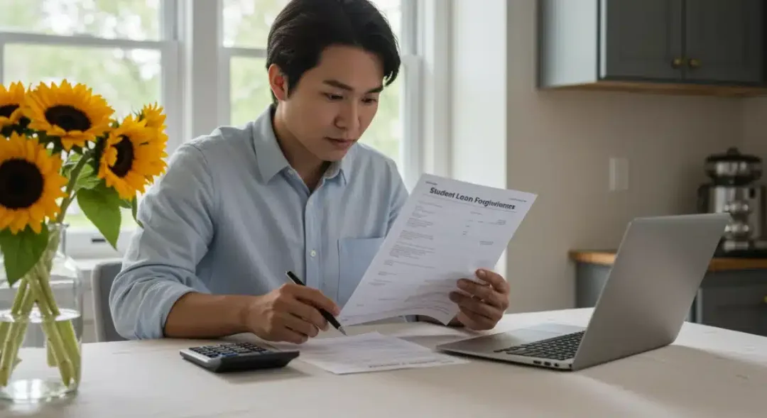 Young professional checking student loan forgiveness eligibility documents