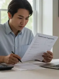 Young professional checking student loan forgiveness eligibility documents