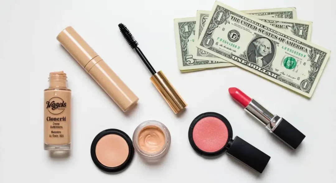 Budget makeup products flat lay with money