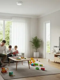 Family living room with home safety upgrades including smoke detectors and childproofed outlets