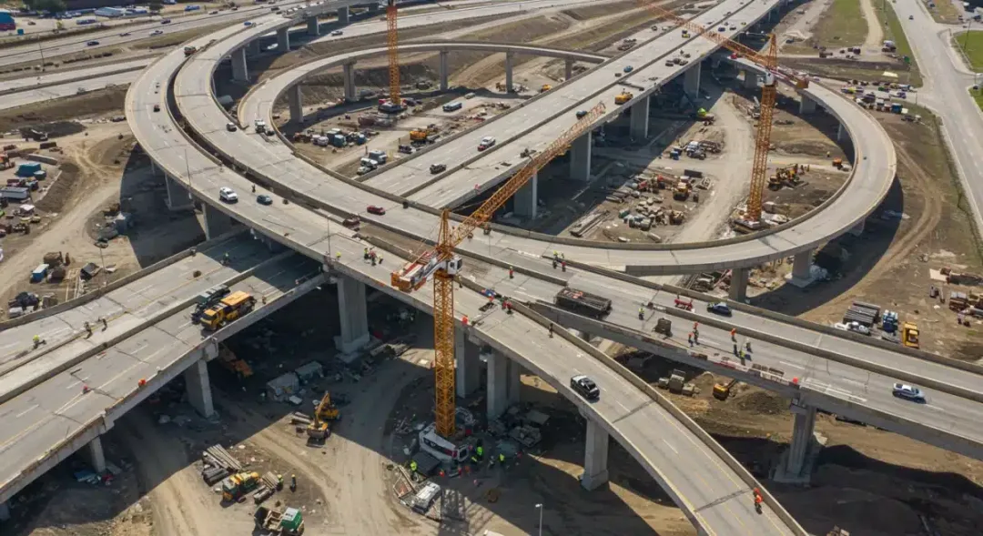 Highway construction scene with cranes and workers building new infrastructure
