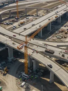 Highway construction scene with cranes and workers building new infrastructure