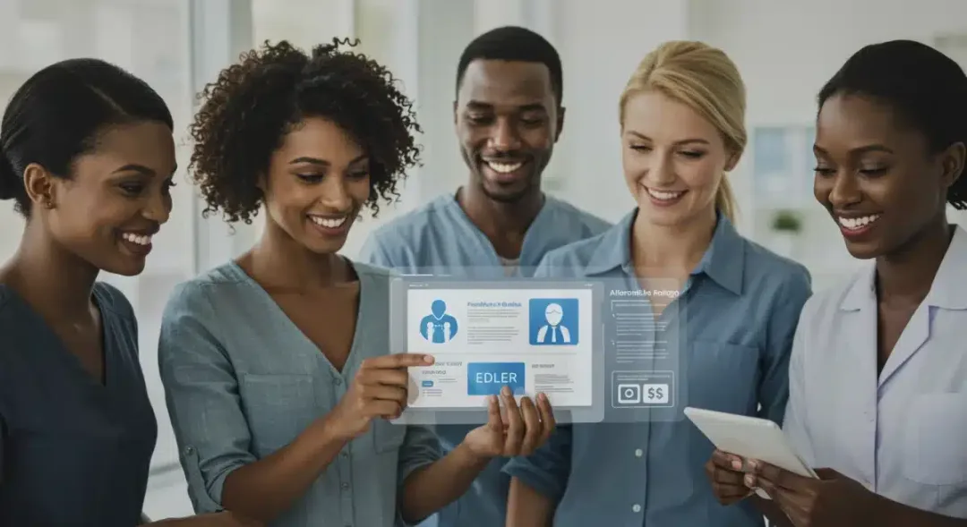 Diverse group reviewing healthcare subsidy information on a tablet, symbolizing financial relief.