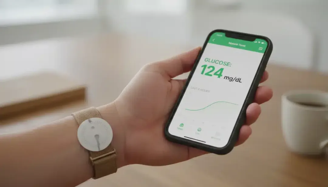 Continuous glucose monitor on a wrist, integrated with a smartphone app for real-time data.