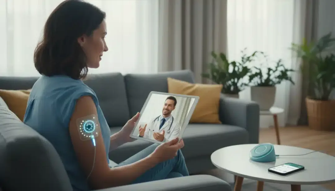 Telehealth consultation with a patient wearing a smart health patch, demonstrating remote monitoring.