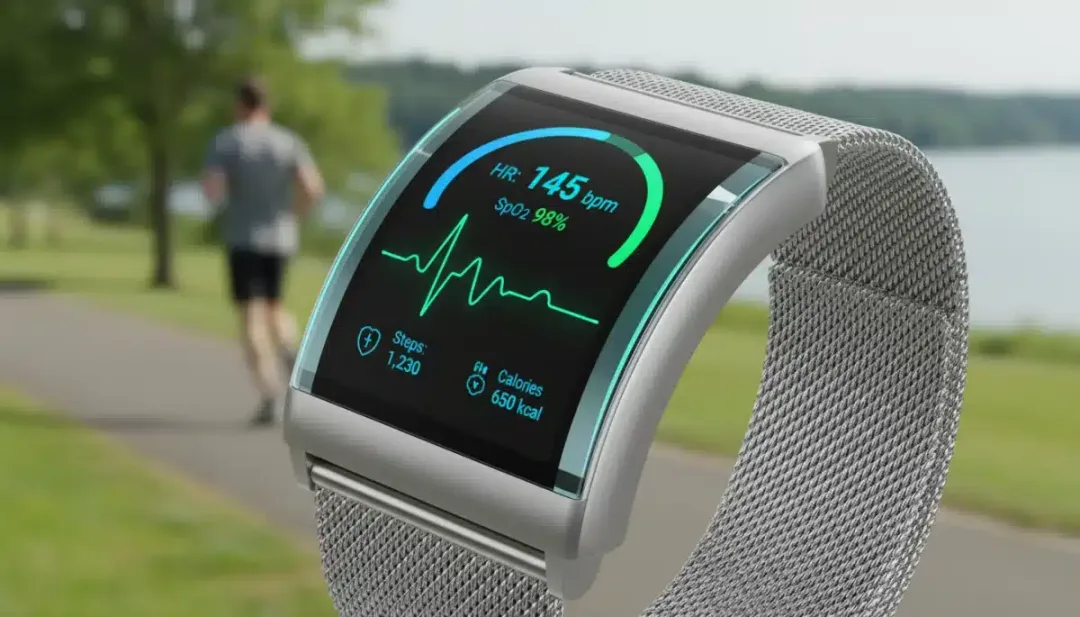 Sleek smartwatch interface showing vital health data, representing wearable health tech innovations.