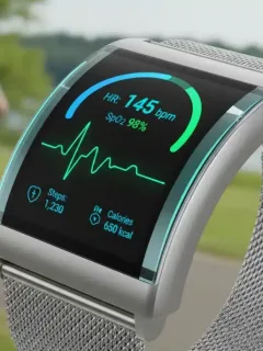 Sleek smartwatch interface showing vital health data, representing wearable health tech innovations.