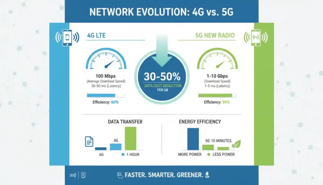 Infographic comparing 4G and 5G network efficiency and data cost savings
