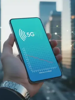 Hand holding 5G smartphone with data savings graph