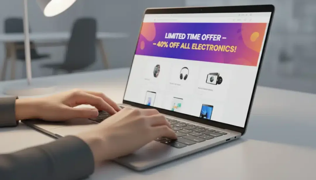 Person typing on a modern laptop, viewing a limited-time tech deal on an e-commerce site.