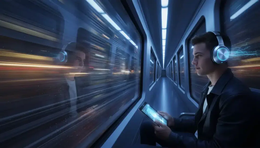 Person wearing wireless noise-canceling headphones on public transport, enjoying a personal audio experience.