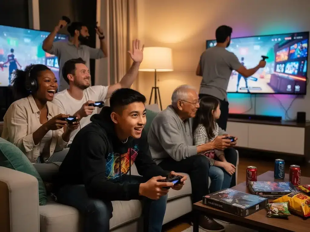 Diverse U.S. gamers enjoying competitive and cooperative gameplay on different consoles.