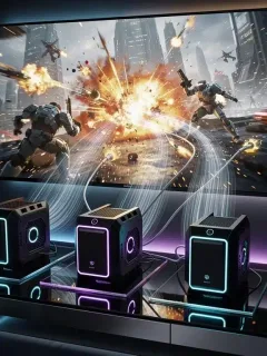 Futuristic gaming consoles connected to a large screen, representing the top gaming consoles of 2026.