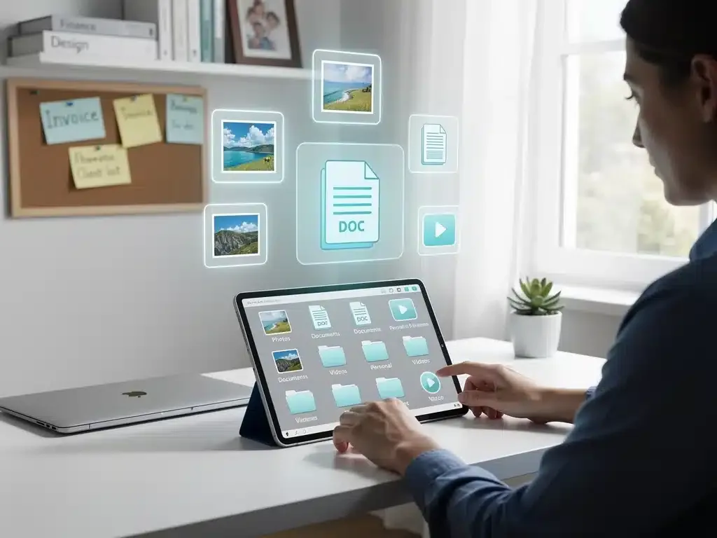 Person managing digital files on a tablet