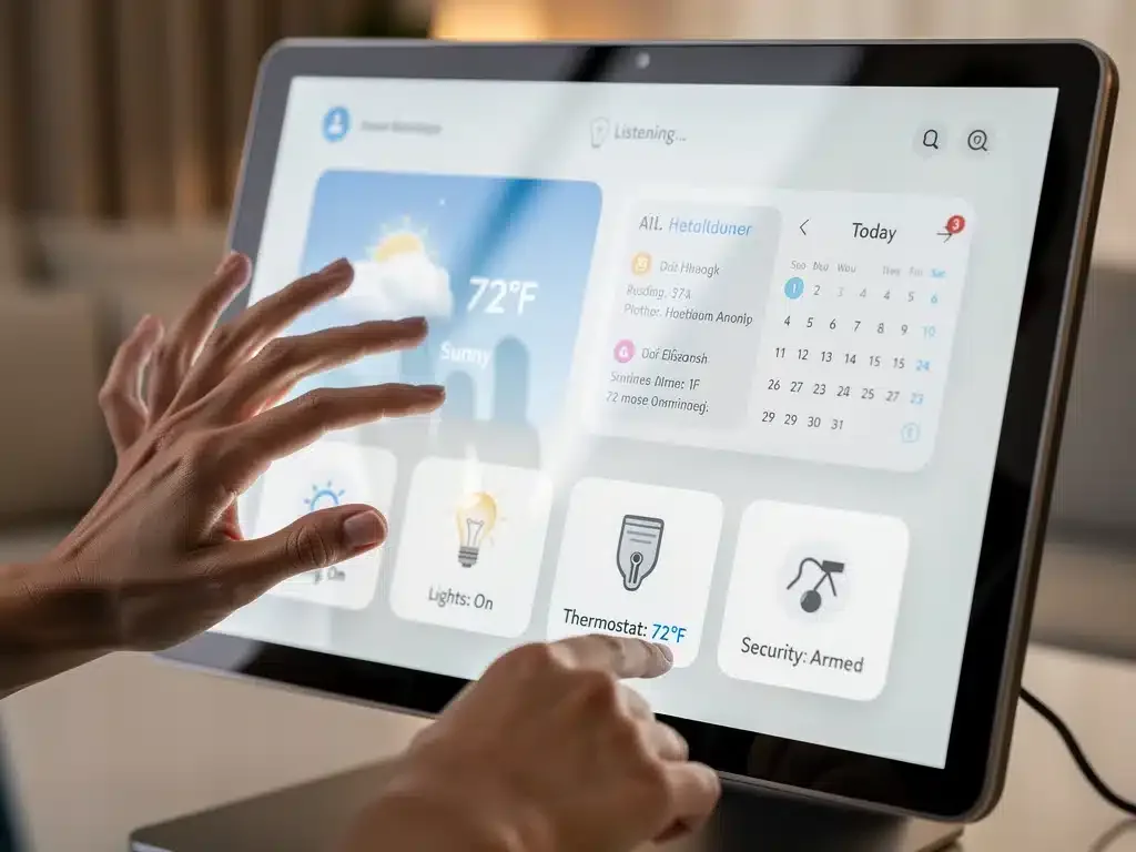 User interacting with AI smart display for home control