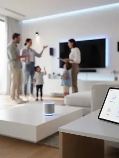Modern living room with integrated AI home assistant devices