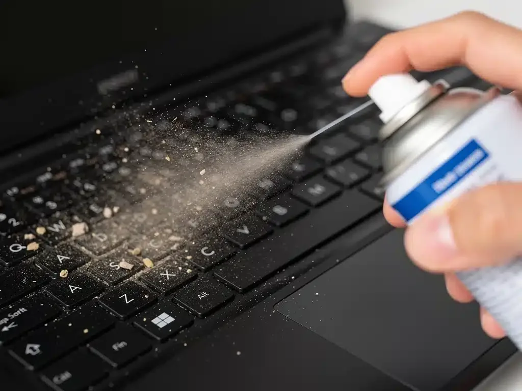 Cleaning laptop keyboard with compressed air for optimal performance