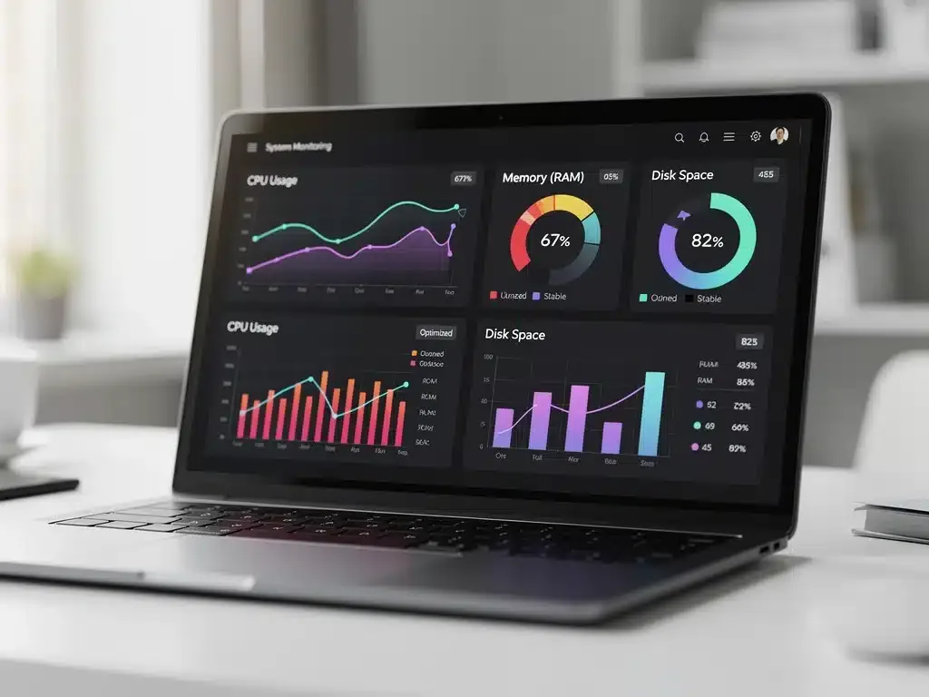 Laptop screen showing system monitoring dashboard for performance optimization